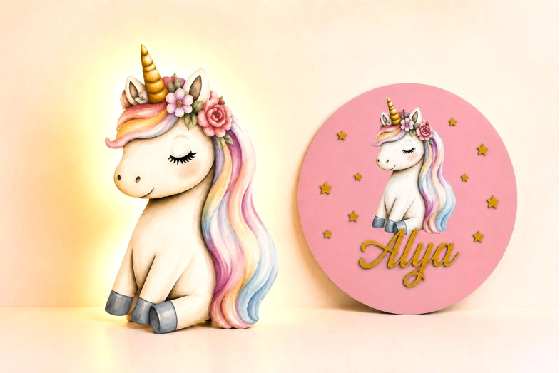 Ahşap Unicorn Lamba ve Kapı Süsü Seti