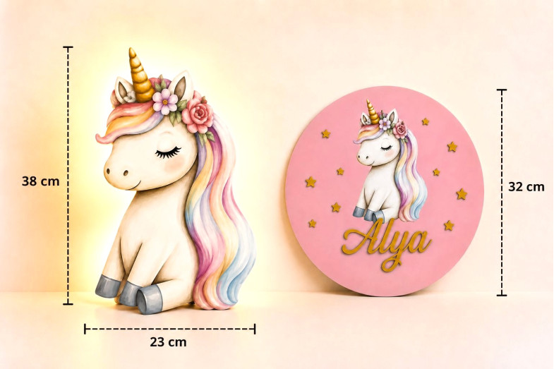 Ahşap Unicorn Lamba ve Kapı Süsü Seti