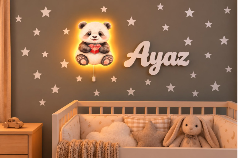 İsme Özel Ahşap Panda Lamba & 50cm İsimlik Seti