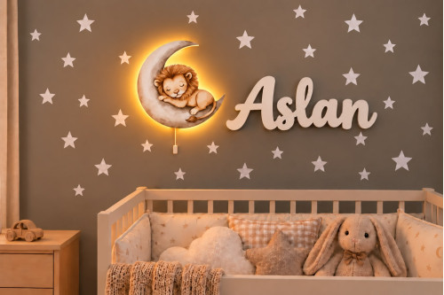İsme Özel Ahşap Aylı Aslan Lamba &  İsimlik Seti