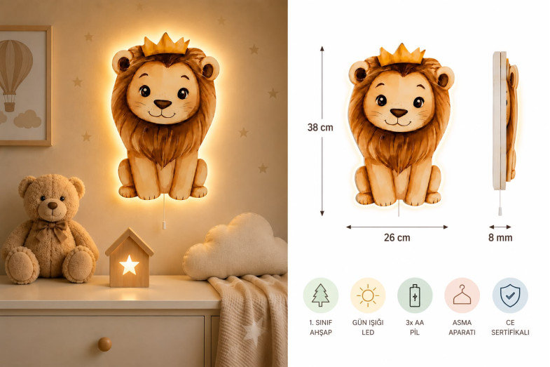 Aslan Ahşap Gece Lambası