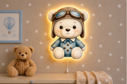 Pilot Ayıcıklı Ahşap Gece Lambası