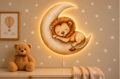 Ay Üzeri Aslan Ahşap Gece Lambası