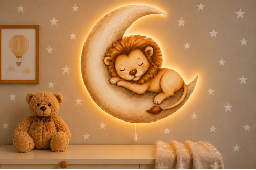 Ay Üzeri Aslan Ahşap Gece Lambası