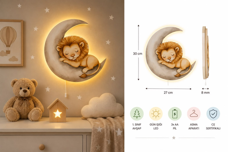 Ay Üzeri Aslan Ahşap Gece Lambası