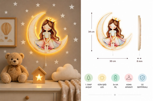 Prenses Aylı Ahşap Gece Lambası