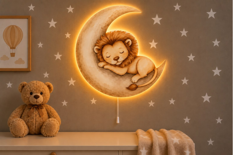 Ay Üzeri Aslan Ahşap Gece Lambası