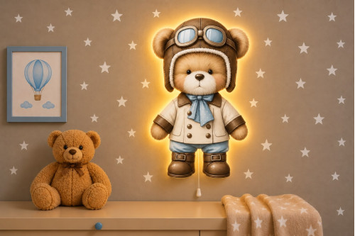 Pilot Ayıcık Ahşap Gece Lambası