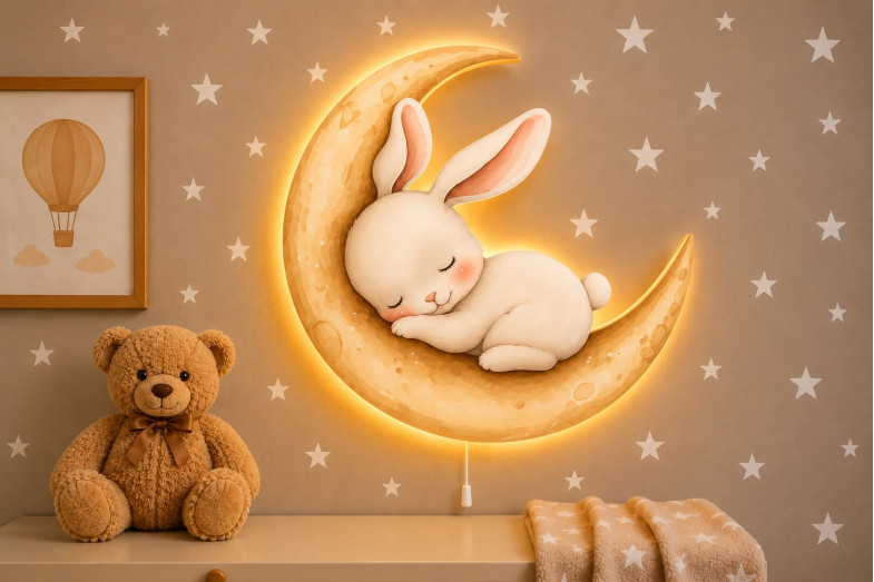 Ay Üzeri Tavşan Ahşap Gece Lambası