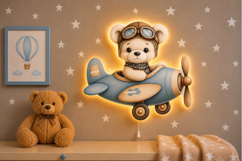 Pilot Ayıcıklı Helikopter 2 Ahşap Gece Lambası