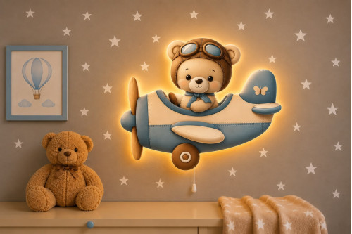 Pilot Ayıcıklı Helikopter Ahşap Gece Lambası