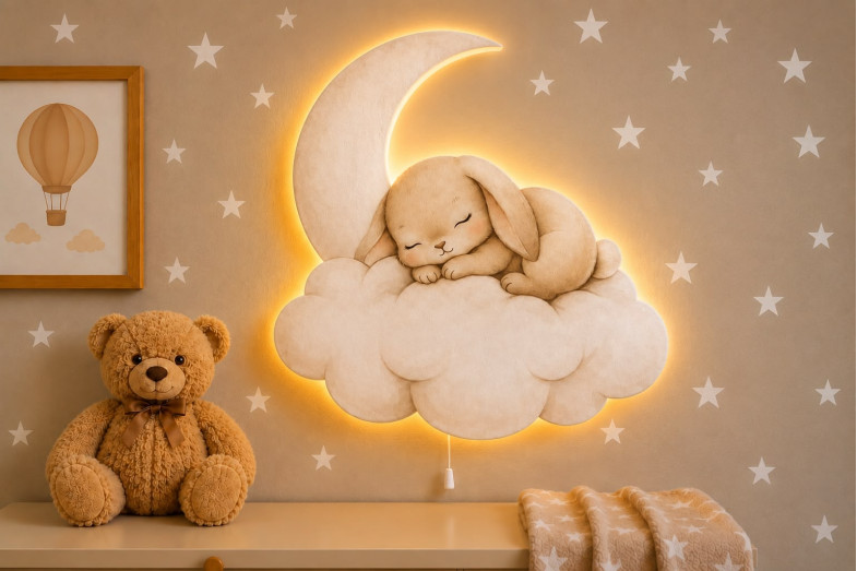 Ay Üzeri Tavşanlı Ahşap Gece Lambası Ay Üzeri Tavşanlı Ahşap Gece Lambası